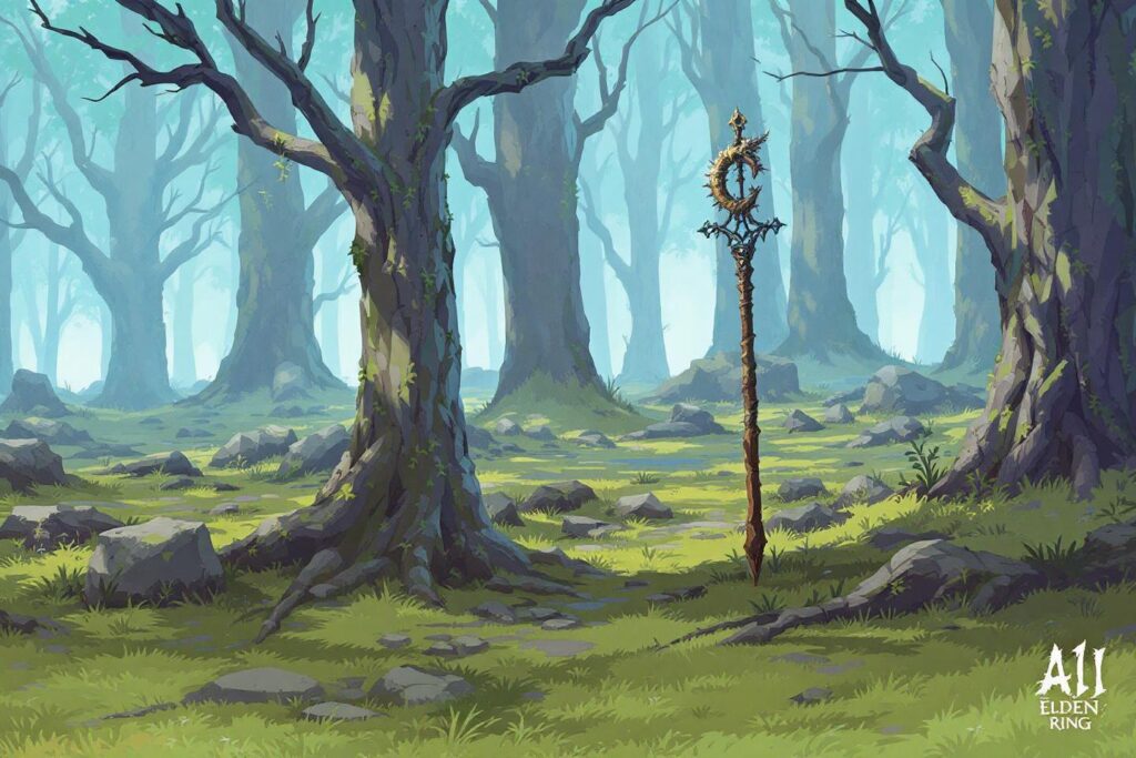 Arbres bleutés, rochers et croix ornementale dans une clairière brumeuse