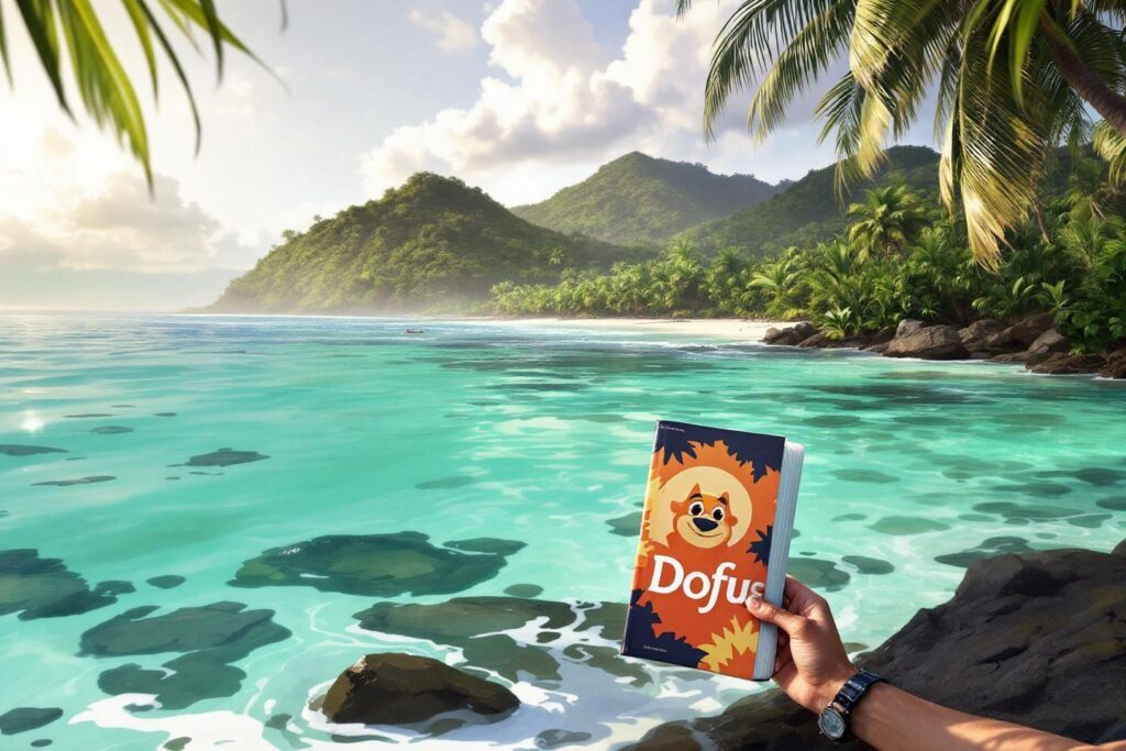 Livre Dofus sur un rocher près d'une plage paradisiaque