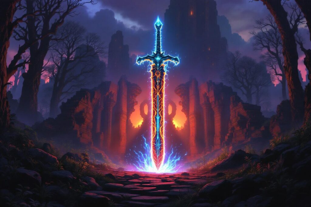 Épée fantastique lumineuse plantée dans un chemin rocheux sombre