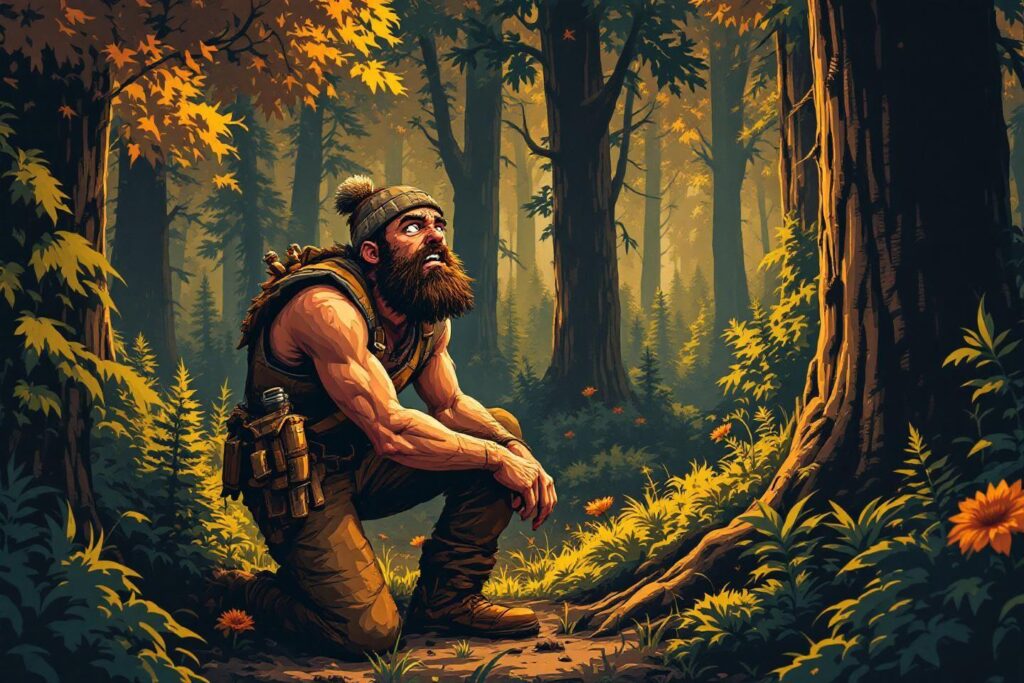 Homme musclé avec sac à dos dans une forêt aux feuilles jaunes