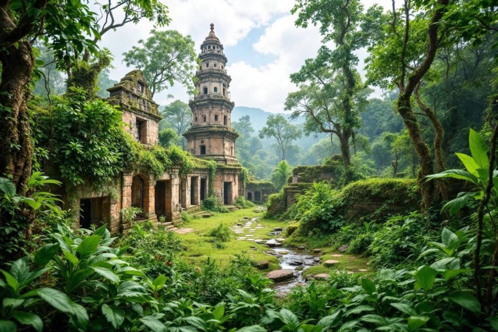 Ruines de temple avec tour dans une jungle luxuriante