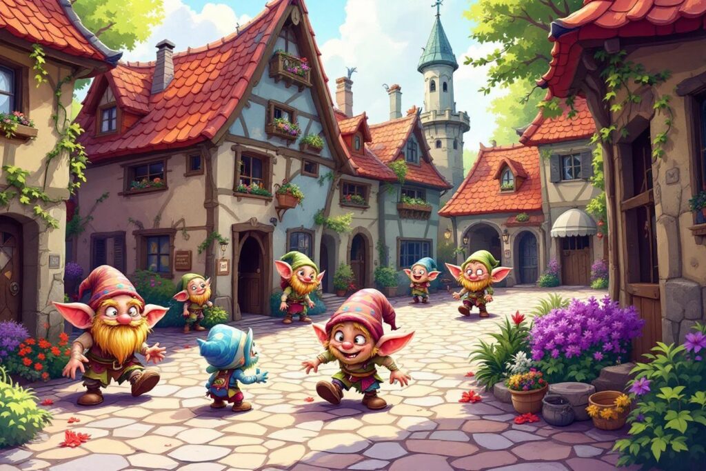 Petits elfes jouant dans un village médiéval coloré