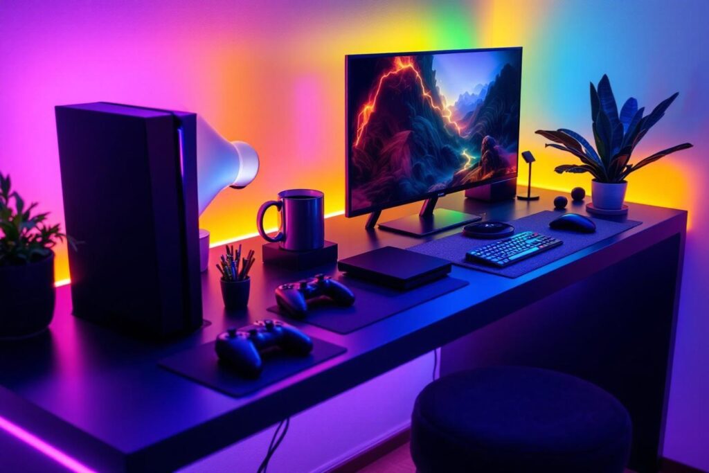 Poste de travail high-tech avec écran, consoles et éclairage RGB