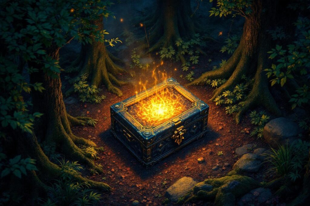 Coffre ancien lumineux dans une forêt sombre et mystique