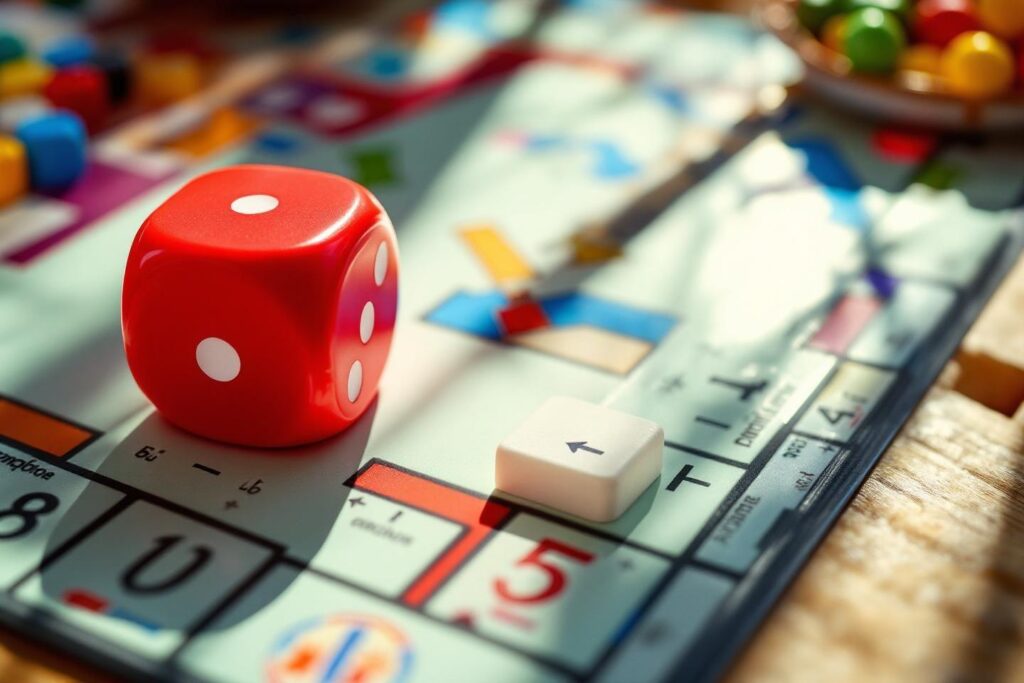 Gros plan sur un dé rouge sur un jeu de société coloré