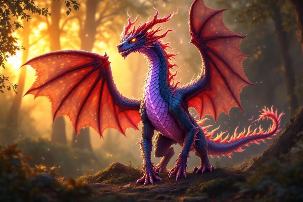 Dragon fantastique multicolore dans une forêt illuminée par le soleil