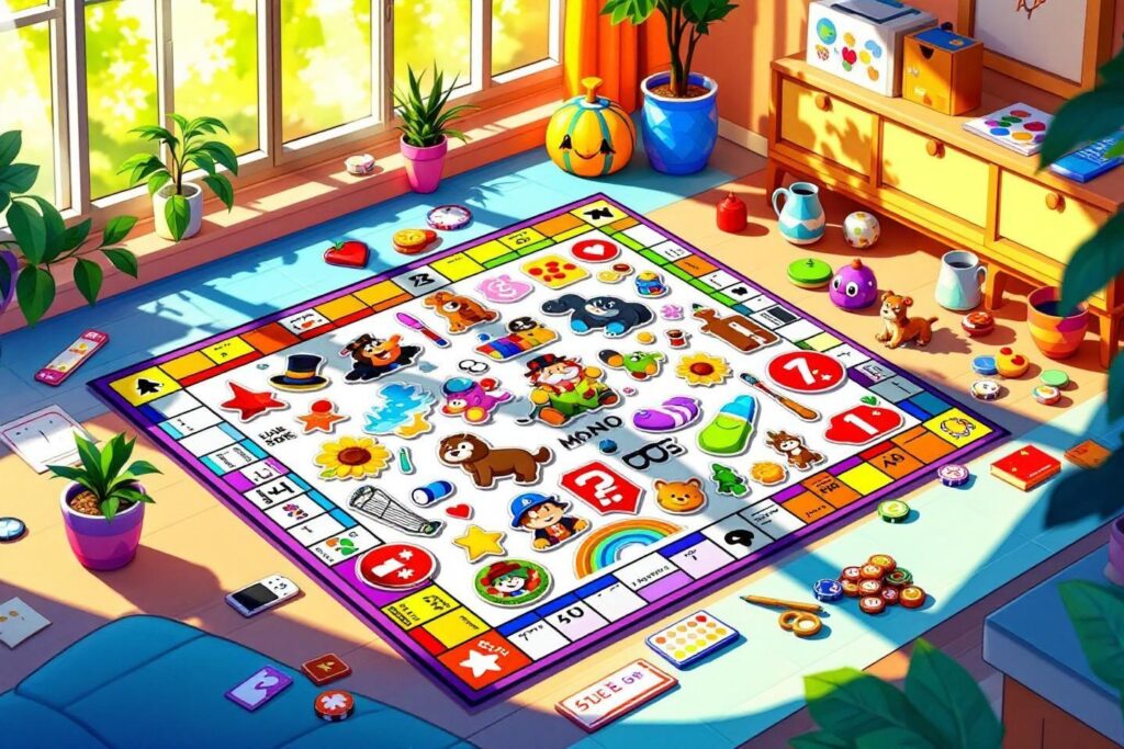 Un plateau de jeu multicolore avec des personnages mignons près de la fenêtre