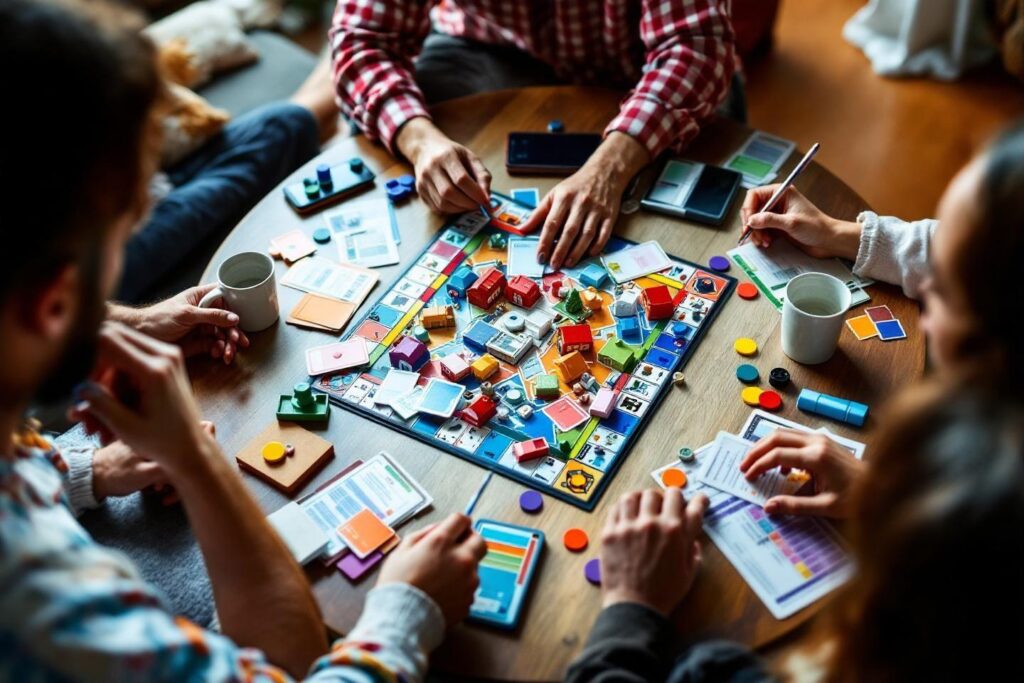 Plateau coloré avec joueurs autour d'un jeu