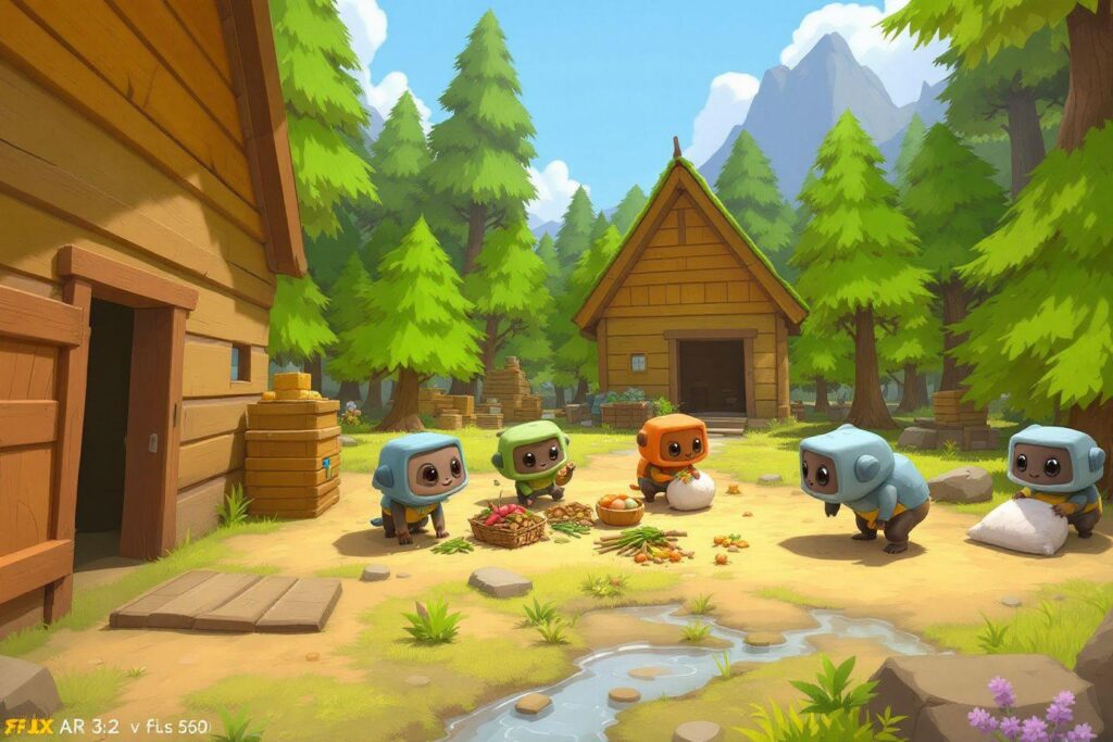 Robots jouets dans une clairière entourée de sapins et de chalets