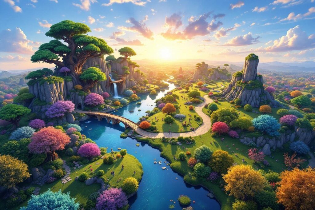 Rivière serpentant entre des rochers verdoyants et colorés