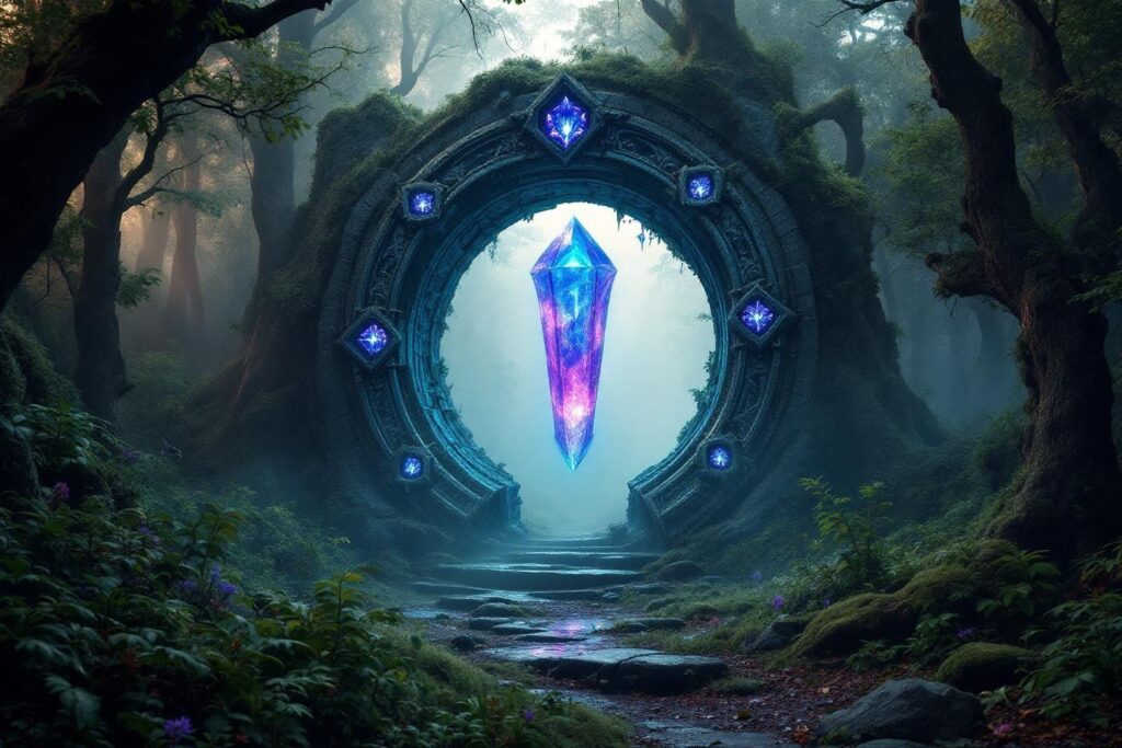 Portail de pierre avec cristal magique lumineux dans une forêt brumeuse