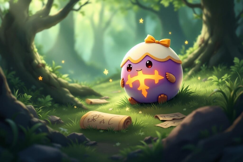 Mignon personnage rond violet avec nœud dans une forêt enchantée