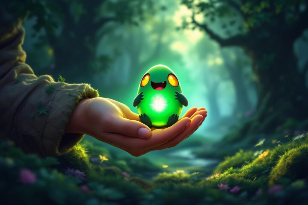 Petit être vert brillant souriant sur une main dans un bois mystérieux