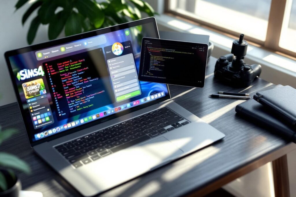 Ordinateur portable affichant du code de jeu et des outils de développement