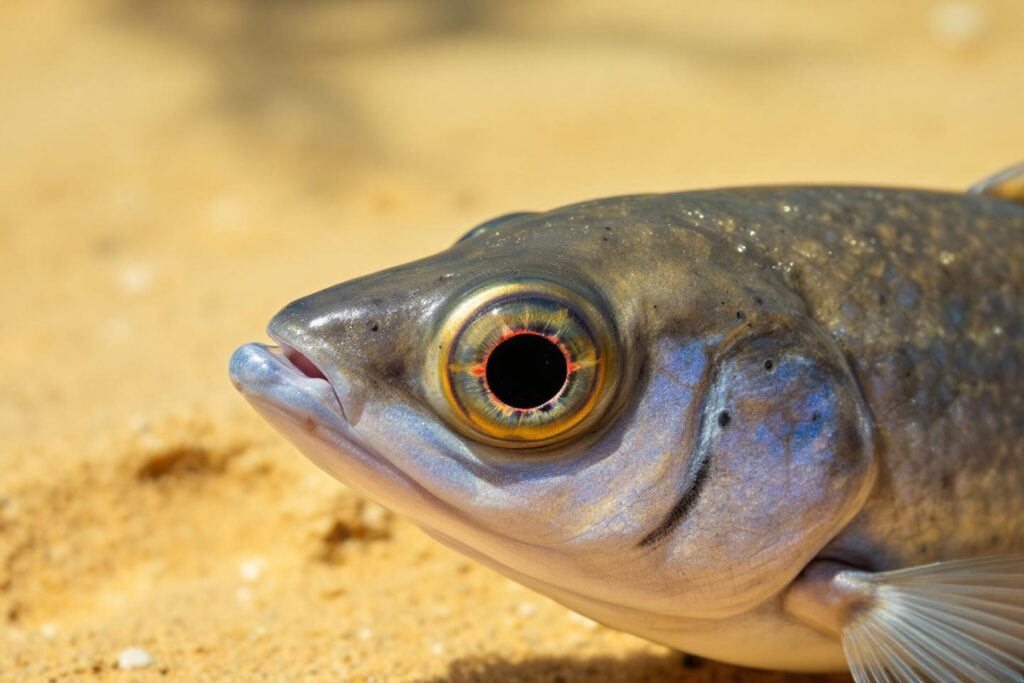 Poisson avec grand œil coloré sur fond sablonneux