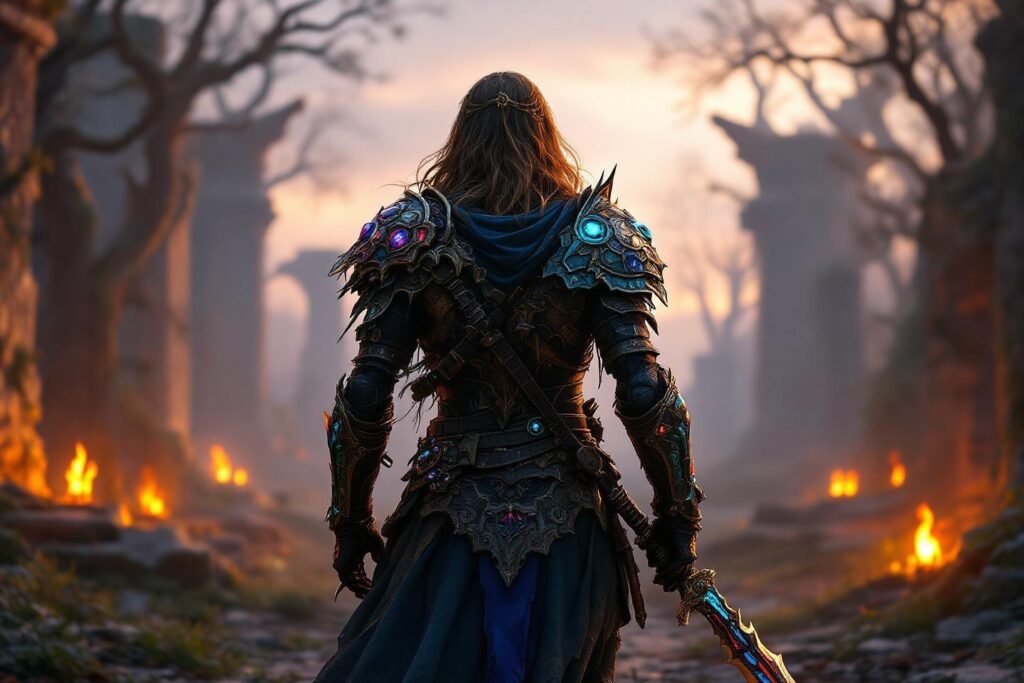 Personnage en armure magique tenant une épée, dos à l'image