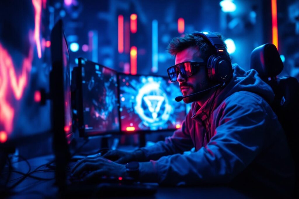 Gamer avec casque et lunettes dans un environnement futuriste néon