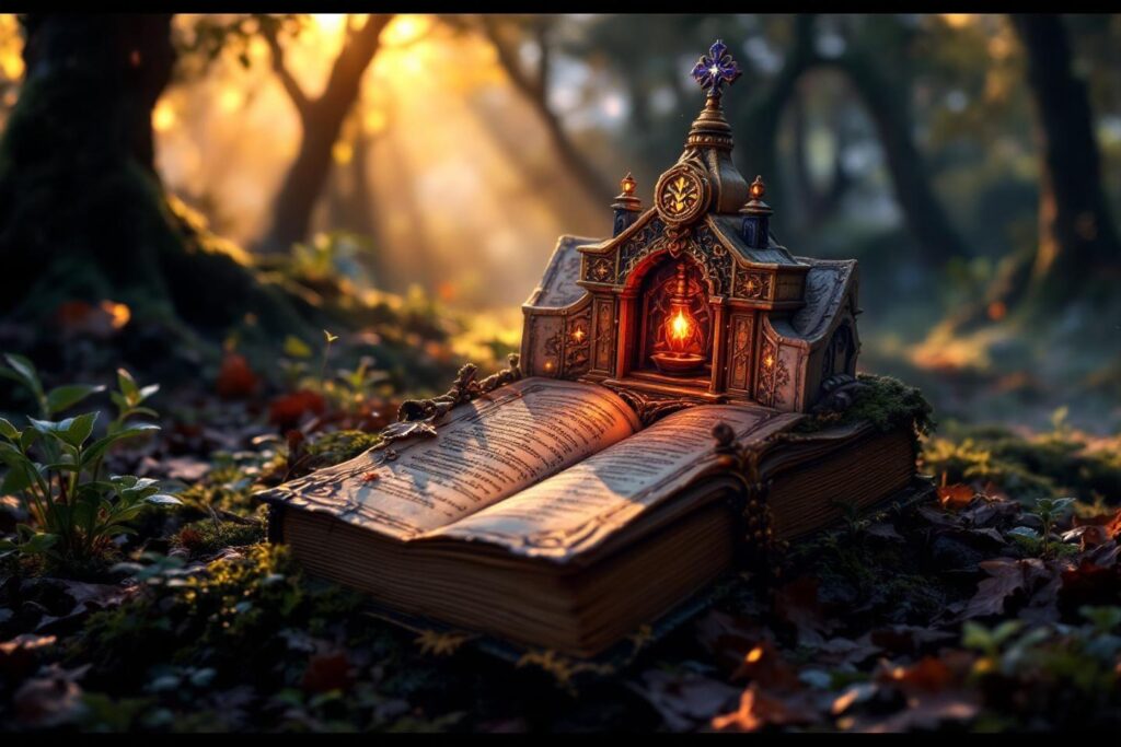 Livre ouvert avec mini-cathédrale illuminée dans un décor forestier
