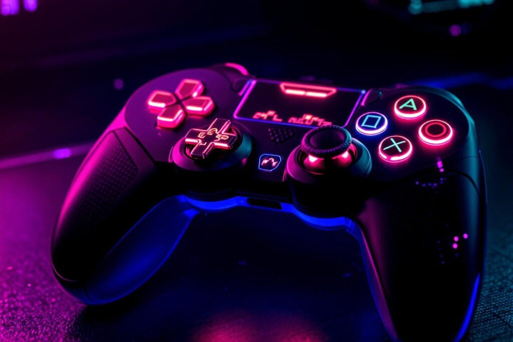 Manette de jeu PlayStation avec éclairage rose et bleu