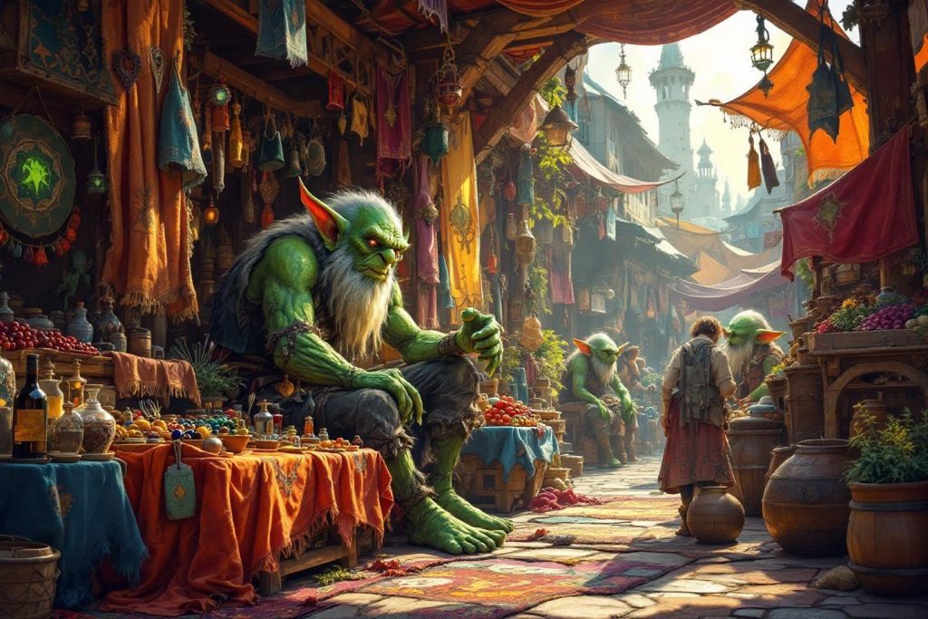 Grande créature verte assise dans un marché coloré et animé