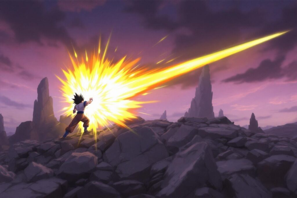 Silhouette libérant une puissante énergie lumineuse sur des rochers