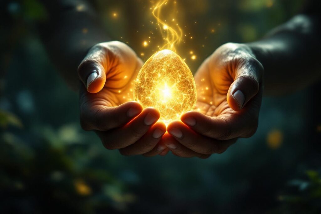 Mains tenant un œuf brillant lumineux avec des étincelles