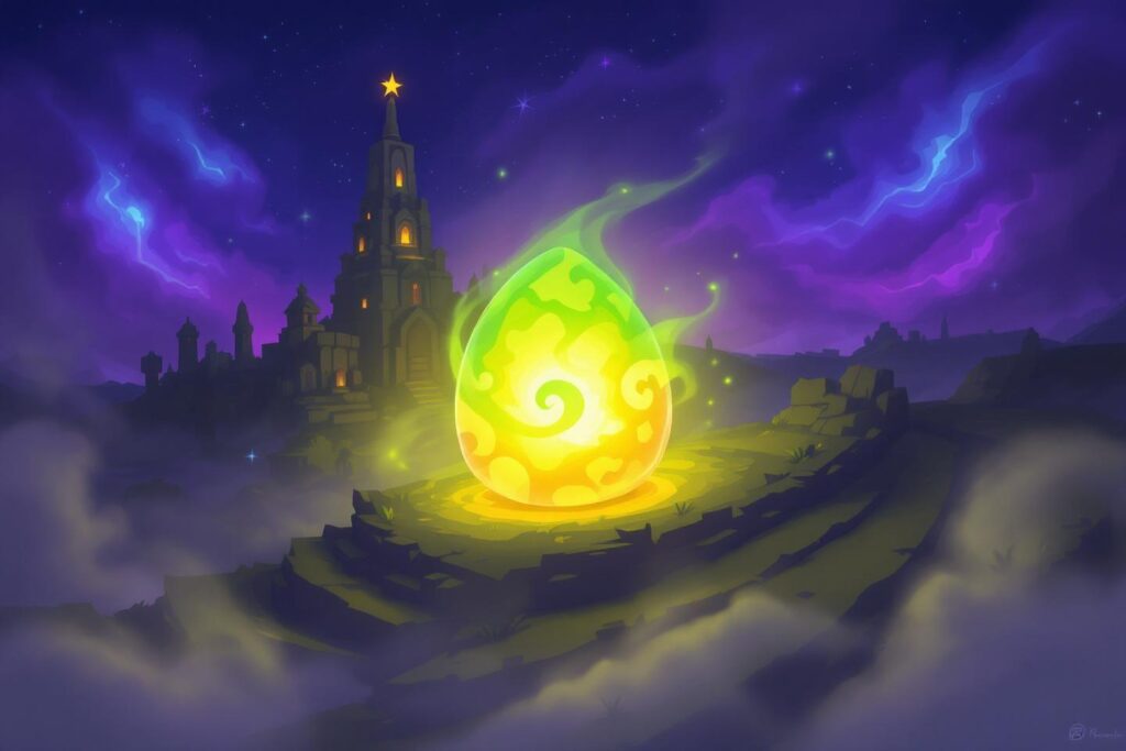Sphère lumineuse verte et jaune devant un château fantastique