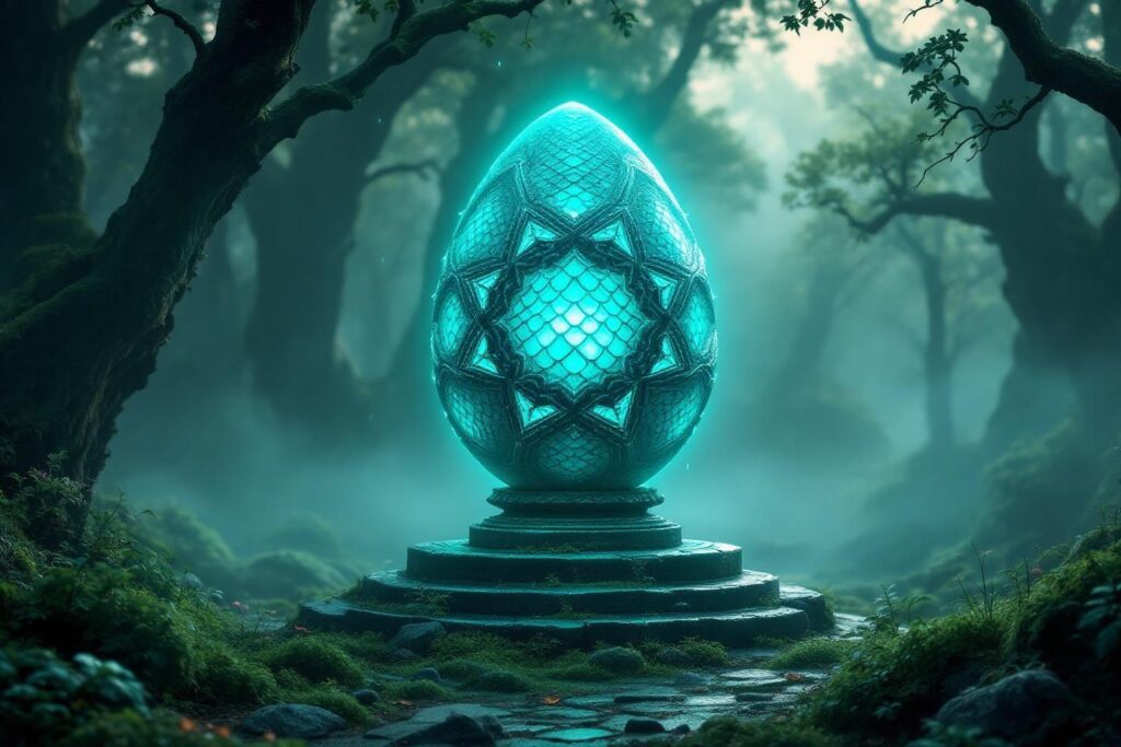 Objet luminescent turquoise sur socle au milieu d'une forêt brumeuse