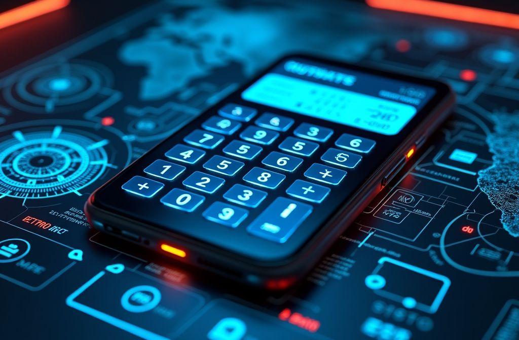 Calculatrice sur interface technologique bleue et rouge futuriste