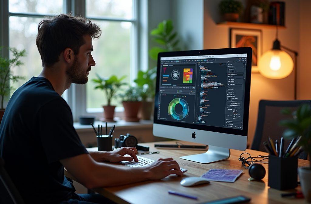 Programmeur codant sur ordinateur Apple près d'une fenêtre
