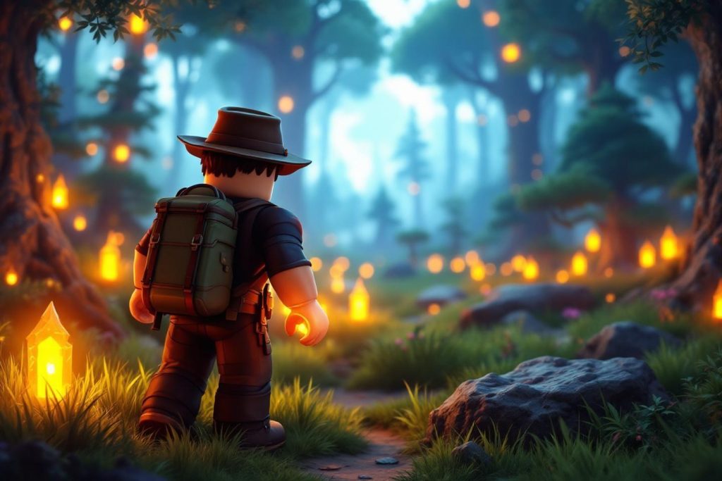 Personnage avec chapeau et sac à dos dans une forêt mystérieuse