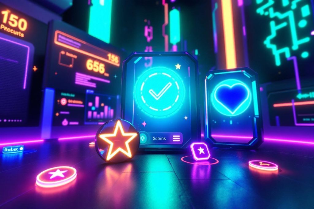 Éléments de jeu lumineux bleus et roses avec icônes interactives