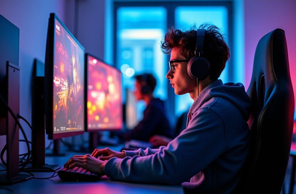 Jeune joueur avec casque devant écran de jeu coloré
