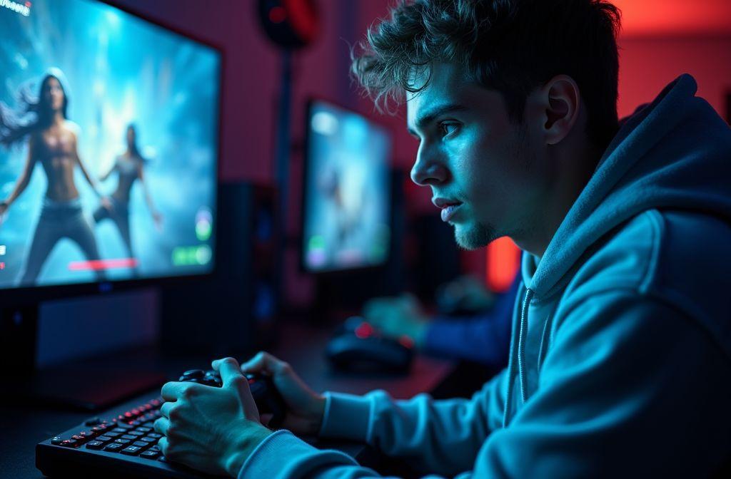 Jeune homme en sweat à capuche jouant à un jeu vidéo