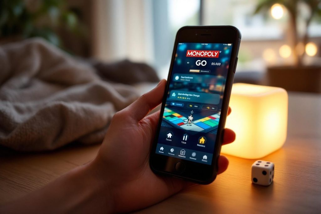 Écran de jeu Monopoly mobile avec dé et lumière douce