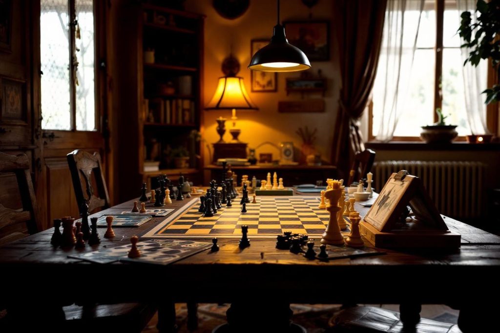 Échiquier en bois avec pièces, lampe et bibliothèque en arrière-plan