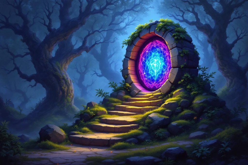 Escalier de pierre menant à un portail lumineux entouré de végétation