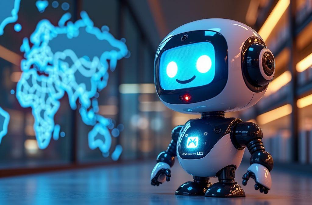 Petit robot blanc souriant devant une carte holographique bleue