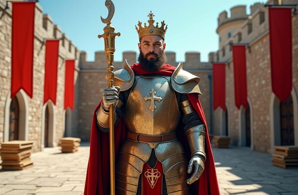 Souverain en armure dorée, tenant un sceptre royal