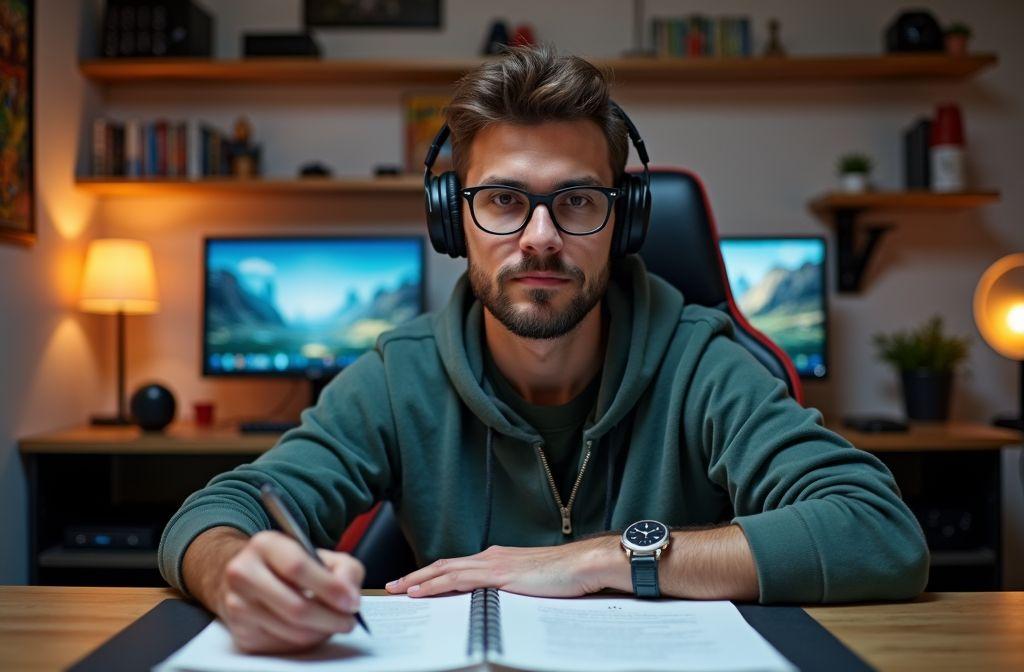 Jeune homme travaillant avec des écouteurs, lunettes, ordinateurs en arrière-plan