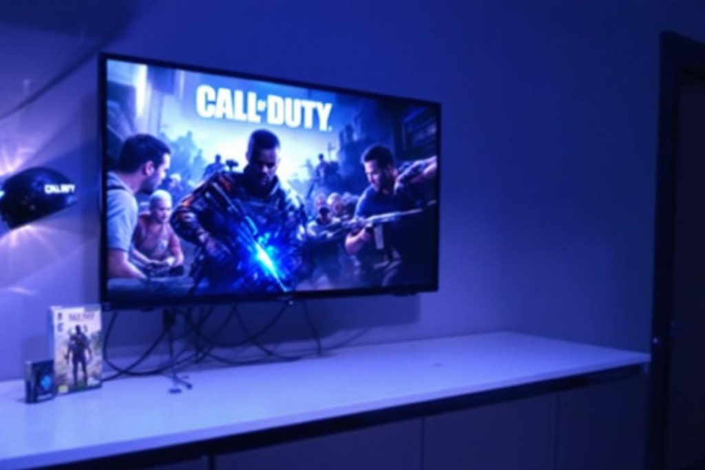 Écran de télévision affichant un jeu Call of Duty avec lumière bleue