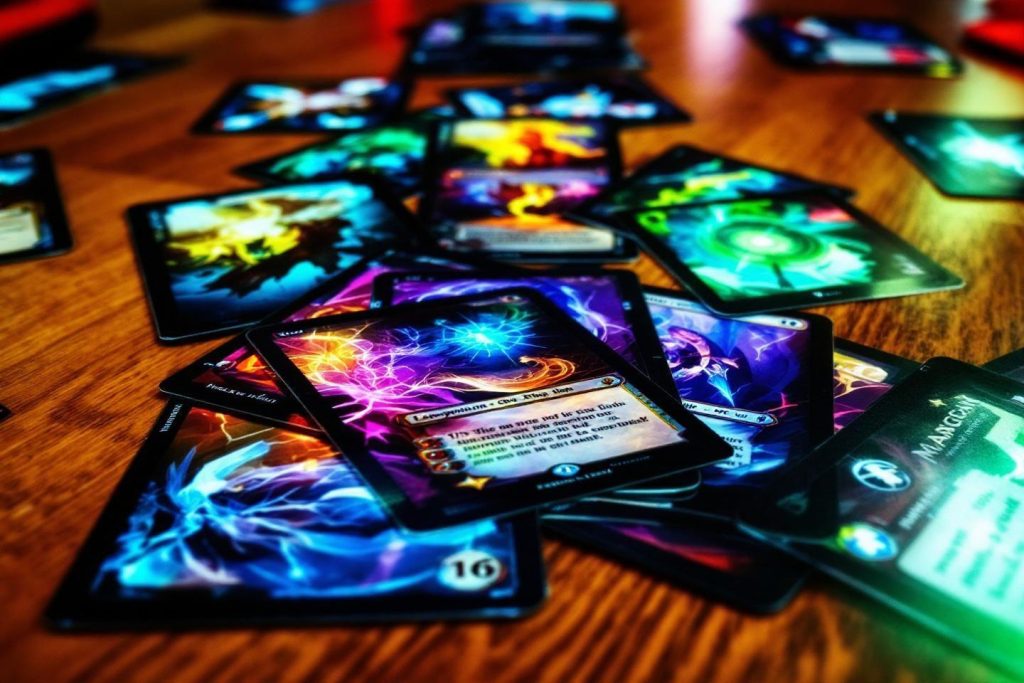 Cartes de jeu brillantes disposées sur une table en bois