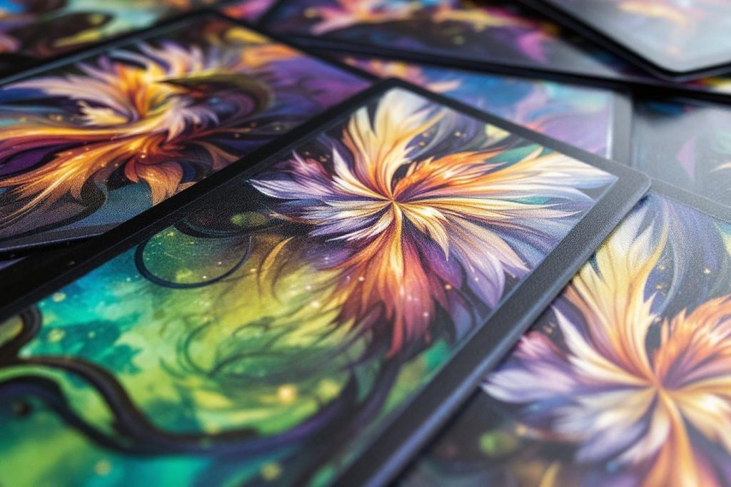 Motifs de fleurs colorées en spirale sur des cartes artistiques