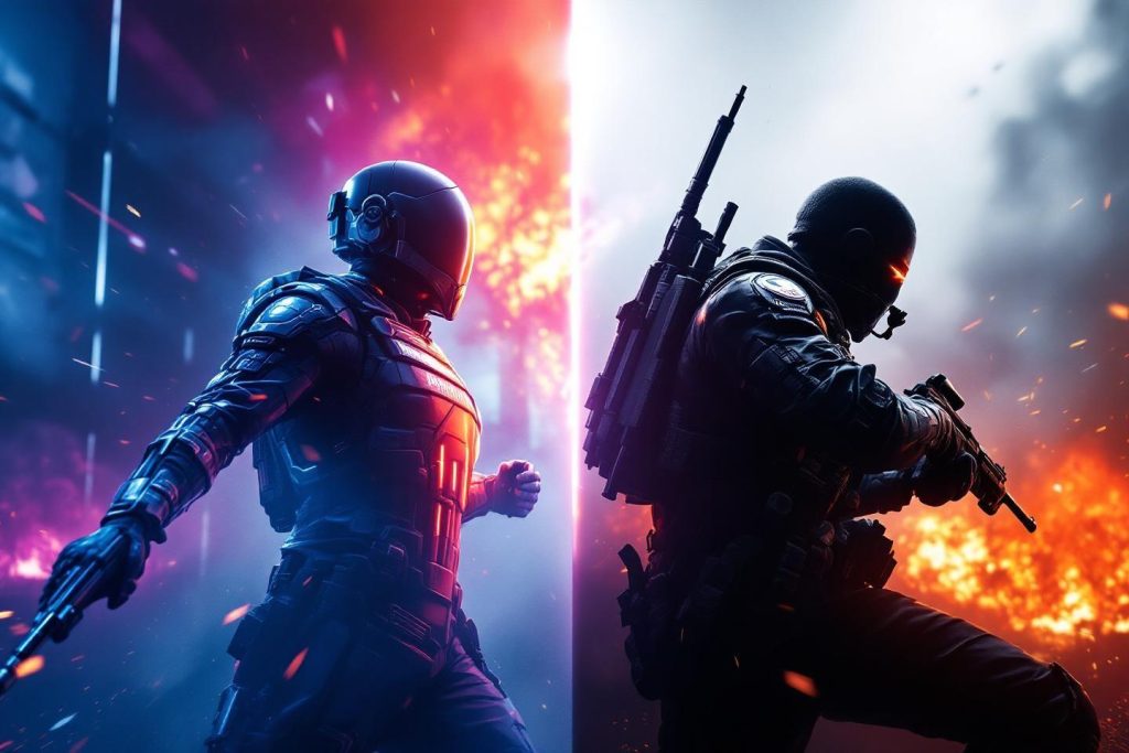 Deux soldats high-tech dos à dos dans un environnement en feu