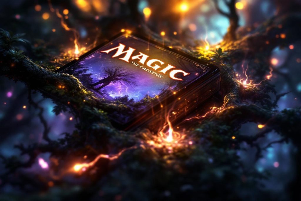 Livre magique entouré de flammes et de lumières mystérieuses