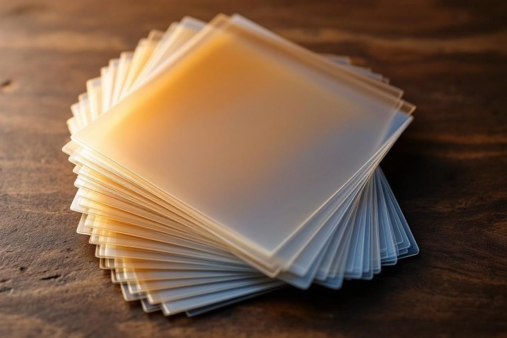 Feuilles translucides superposées sur une surface en bois