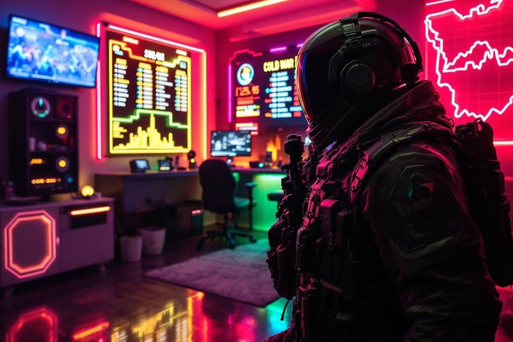 Soldat équipé dans un centre de commandement futuriste néon