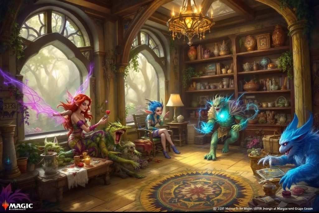 Créatures magiques dans un intérieur mystérieux avec étagères et fenêtres
