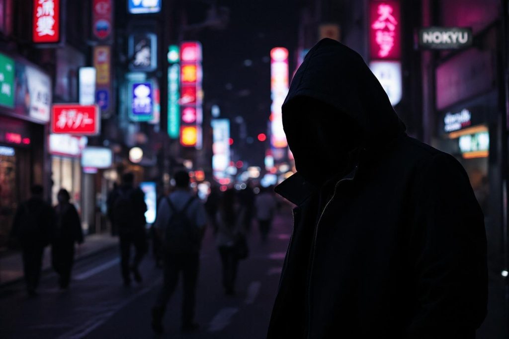 Personne à capuche sombre dans une rue japonaise éclairée