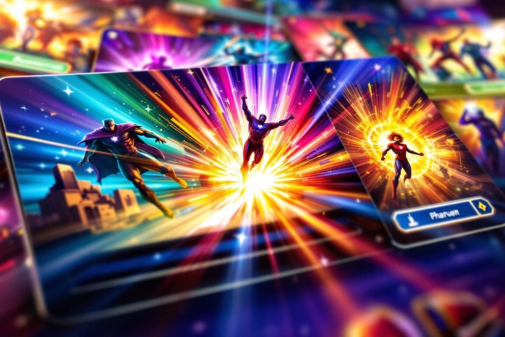 Cartes de jeu avec personnages de super-héros entourés d'énergie